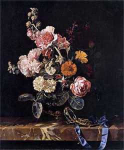 نقاشی گلدان با گل و ساعت جیبی